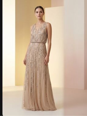 Adrianna Papell Nude-Beige Beaded V-Neck Maxi Gown
